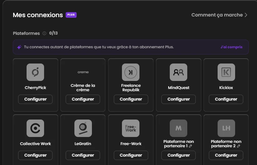 Les plateformes connectées dans Pylote : CherryPick, Crème de la Crème, Freelance Republik, MindQuest, Kicklox, Collective, LeGratin, Free-Work.
