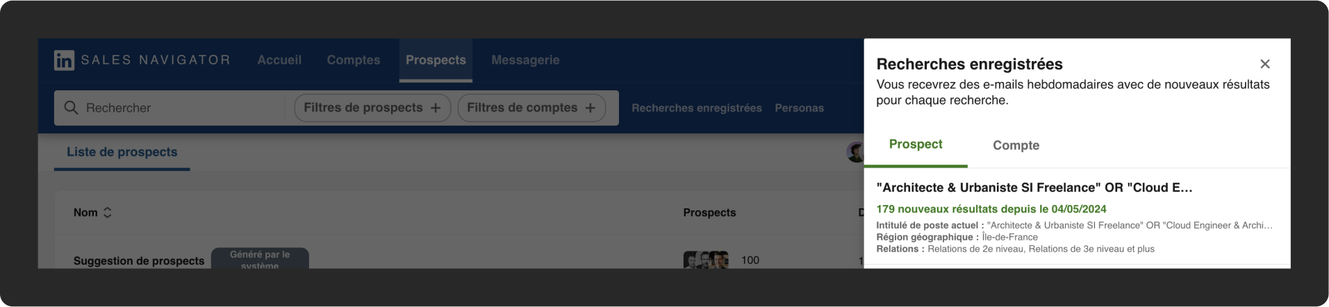 Aperçu des recherches sauvegardées de Linkedin Recruiter.